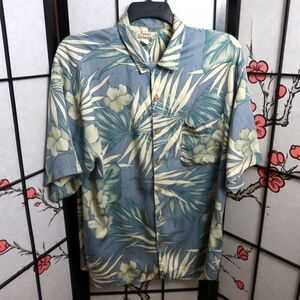 Tommy Bahama Silk Powder Blue And White Palm Leaves Button Down Hawaiian Shirt